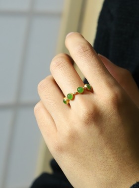 和田玉碧玉戒指s925纯银碧玉戒指满天星开口戒指转运珠戒指别致款