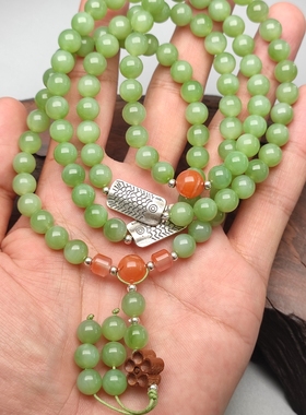 精品收藏和田玉碧玉苹果绿108颗佛珠串卡8 mm 手串项链多用