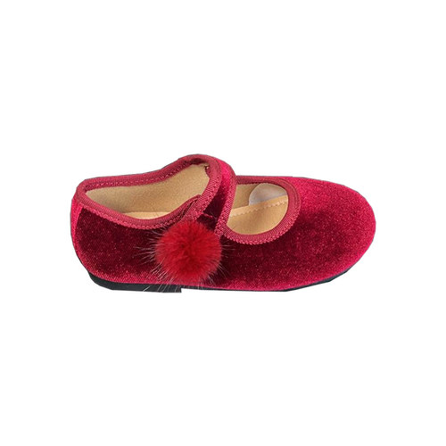 女童公主鞋国风汉服鞋小众百搭丝绒鞋春秋小女孩红色毛球可爱单鞋 - 图3