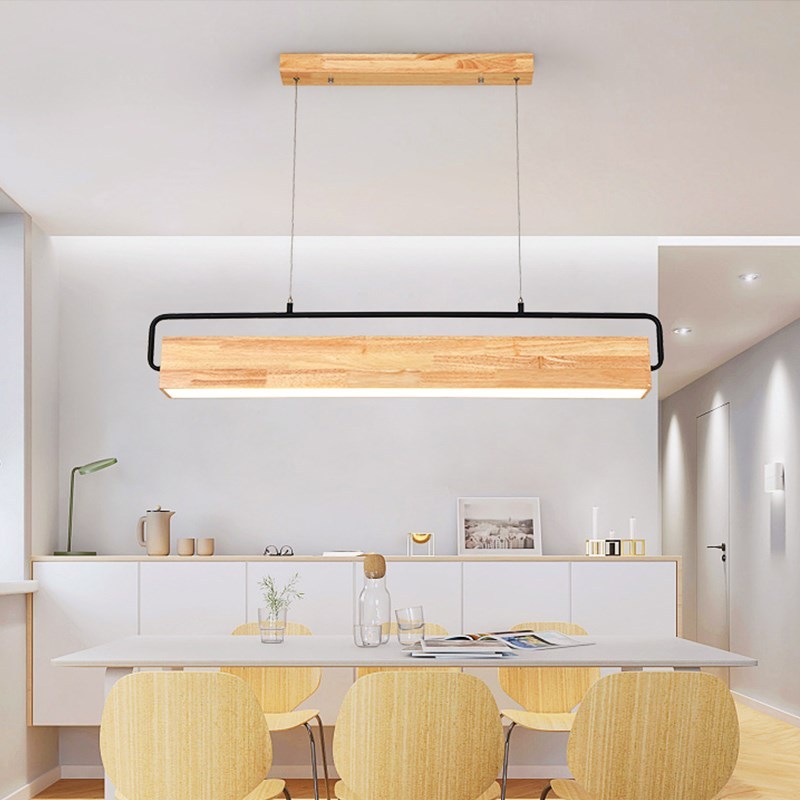 Modern Minimalist Oak LED Chandelier Long Wooden Hanging Lig-图1