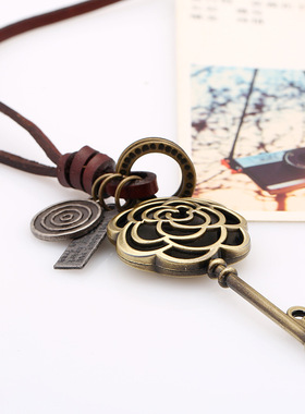 钥匙玫瑰花皮绳毛衣链女时尚复古