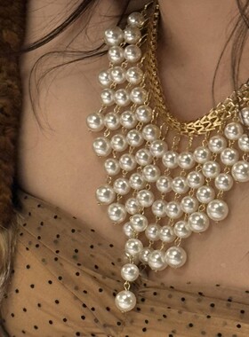 金色宫廷风多层珍珠流苏锁骨链女