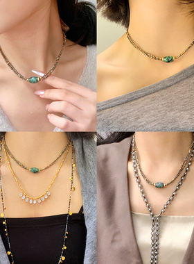 法国Bohemian Rhapsodie波西米亚风绿松黄铁矿项链天然半宝石欧美