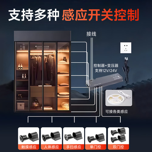 橱柜灯层板灯led灯条嵌入式酒柜鞋柜衣柜展示柜线性感应智能灯带 - 图1