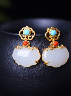 天醉 如意锁925纯银和田玉戒指耳环吊坠项链套装复古宫廷轻奢故宫