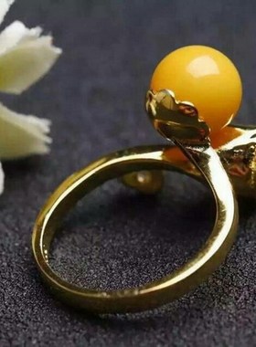 天醉纯银玫瑰镶嵌琥珀戒指