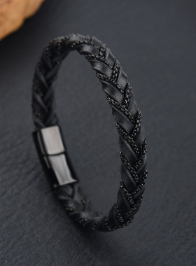 跨境热销男士不锈钢皮手链金色钢色黑色个性简约圆形编织皮手链