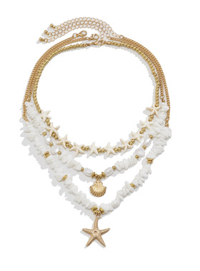欧美跨境沙滩软陶仿珍珠叠戴款碎石项饰女不规则贝壳海星串珠项链
