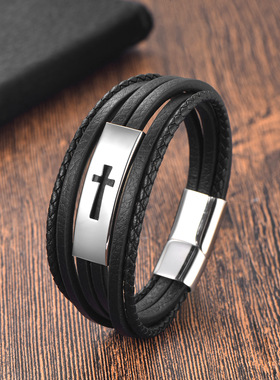 跨境电商不锈钢设计十字架复古朋克多层编织个性简约皮手镯男手绳