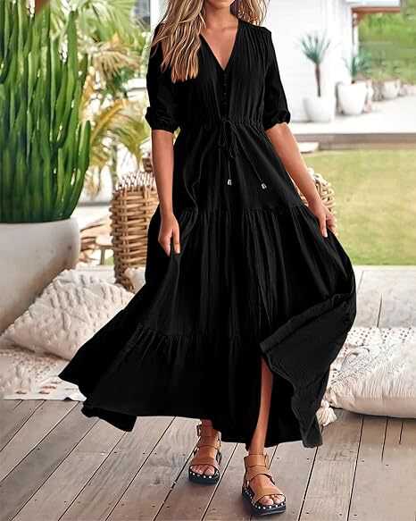 V-neck button drawstring hem slit short sleeved dress 连衣裙 - 图2