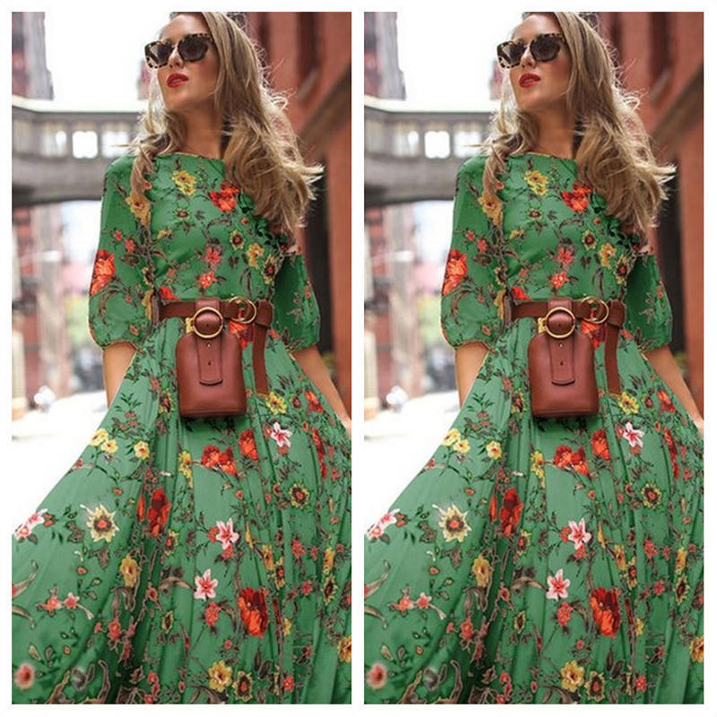 Printed large swing chiffon floral long dress碎花大码长裙-图1