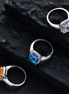 S925纯银冰花戒指女雷迪恩切高碳钻锆石大克拉长方形婚礼仿真钻戒