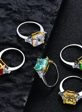 S925纯银冰花切高碳钻戒指方形宝石婚礼仿真钻戒指环高级小众轻奢