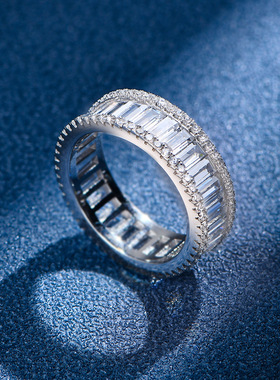 S925纯银带钻排戒方钻满钻镶嵌钻戒百搭潮流新款原创设计女戒指