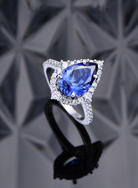 S925纯银梨形精切坦桑蓝高碳钻戒指轻奢高级感满钻镶嵌蓝宝石钻戒