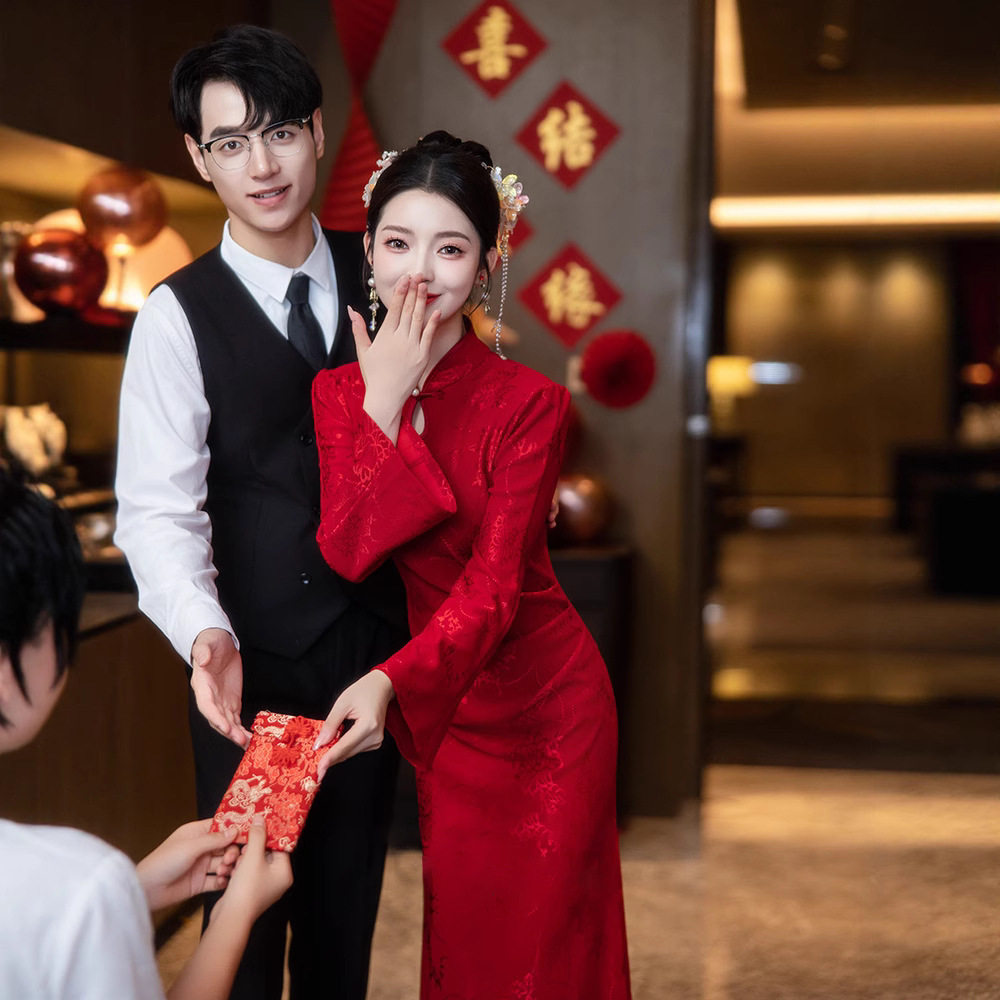 高级感红色旗袍敬酒服新娘新中式订婚礼服结婚绝美喇叭袖鱼尾裙女,淘宝优惠券,粉丝福利购,淘宝优惠卷