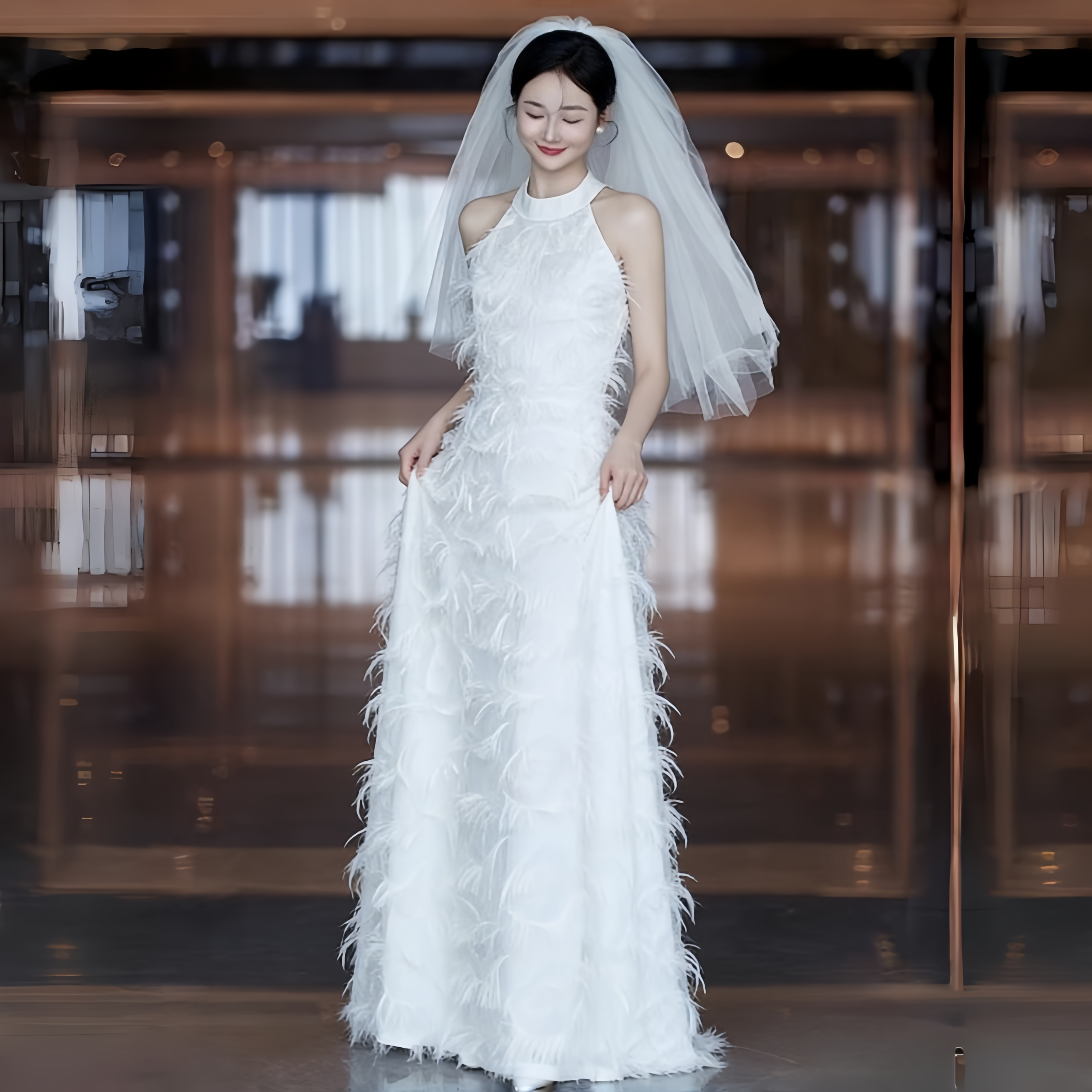 新娘晨袍敬酒服羽毛拼接宴会气质挂脖晚礼服订婚连衣裙轻婚纱长裙,淘宝优惠券,粉丝福利购,淘宝优惠卷