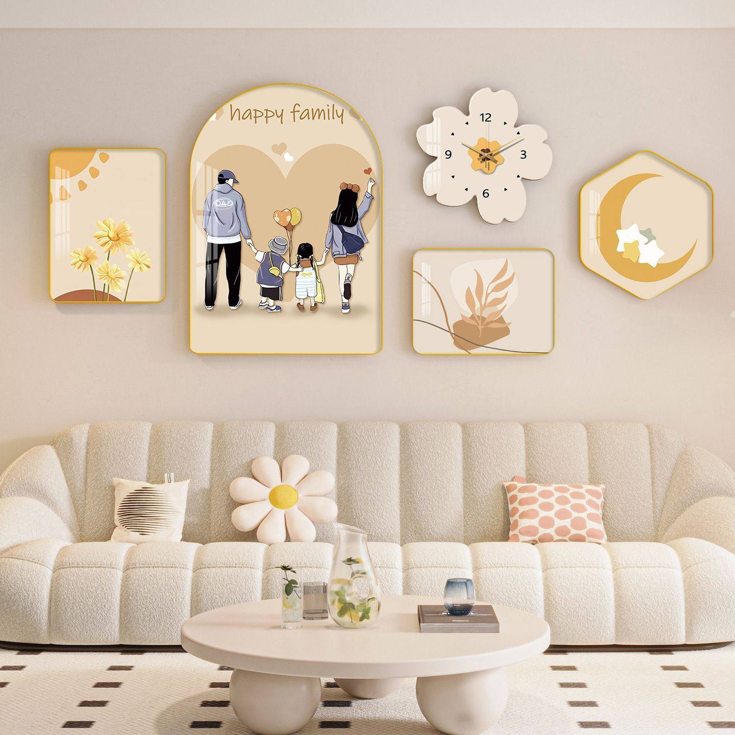 北欧小清新五连客厅背景墙装饰画组合壁奶油风沙发背景墙钟表挂画,淘宝优惠券,粉丝福利购,淘宝优惠卷