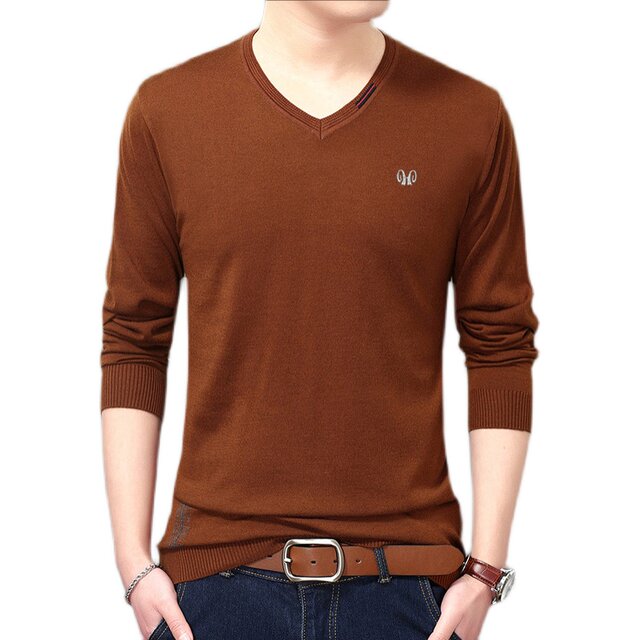 Hengyuan Xiangxiang sweater men's thin men's long -sleeved T -shirt round neck spring autumn clothing sweater bottoming shirt V -neck top