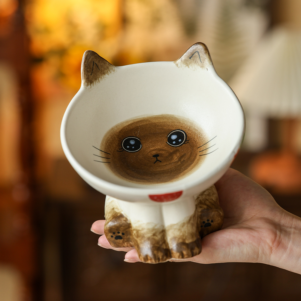 猫碗陶瓷高脚保护颈椎防打翻大口径碗斜口猫粮碗狗碗猫食盆宠物碗 - 图3