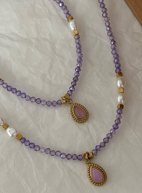 紫水晶淡水珍珠项链不掉色女夏季原石串珠日韩简约小众高级