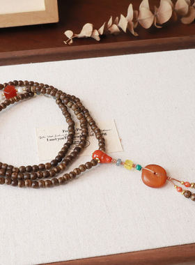 108颗天然一线沉香木手串蜜蜡平安扣手链玛瑙喜财葫芦显白佛珠