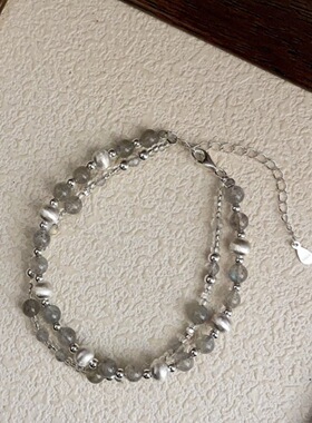 S925银天然闪光石月光石拉丝银珠双层手链高级简约风格日常百搭