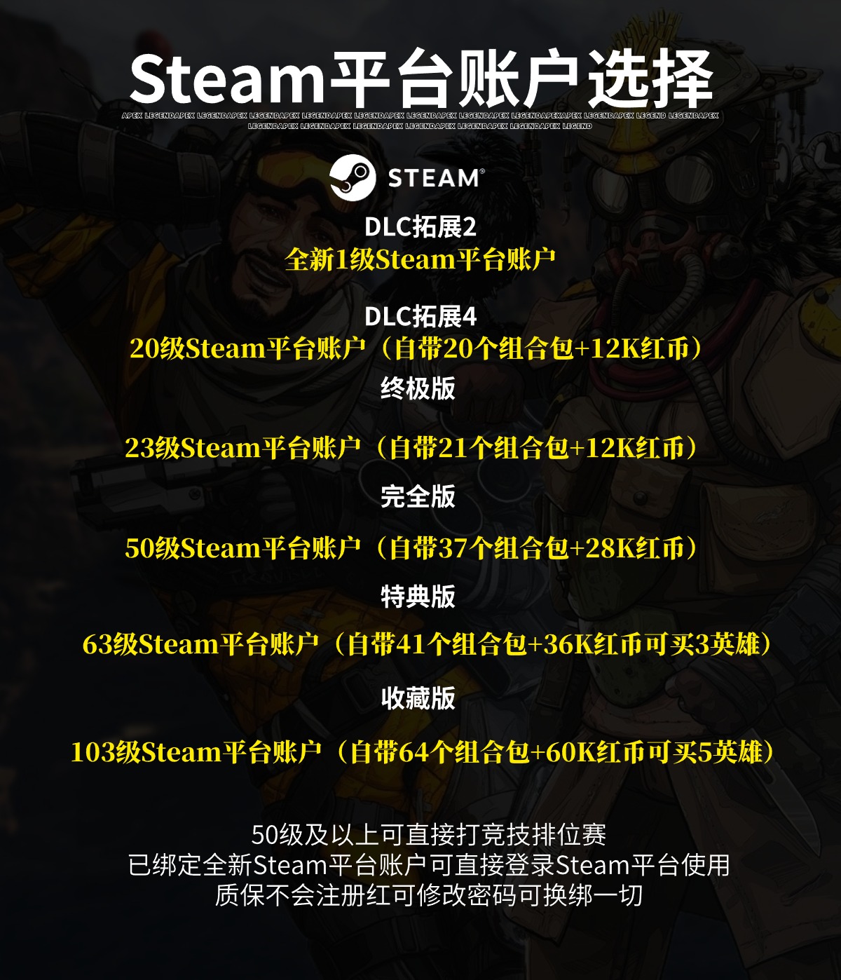 APEX账号50级排位号黄金段位成品号EA/Steam白号EA不红信小号50级-图0