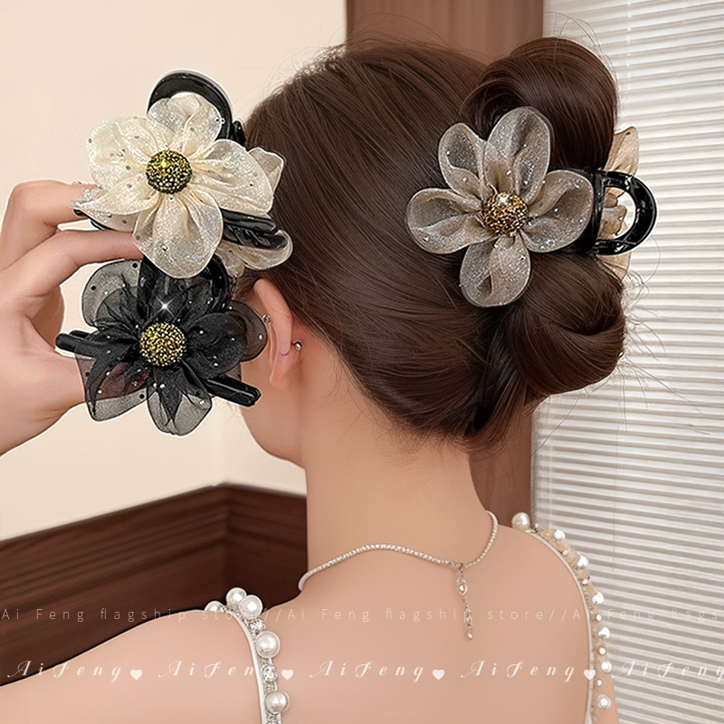 网纱花朵抓夹女发量少发夹2025新款高端后脑勺鲨鱼夹发夹夹子头饰 - 图0