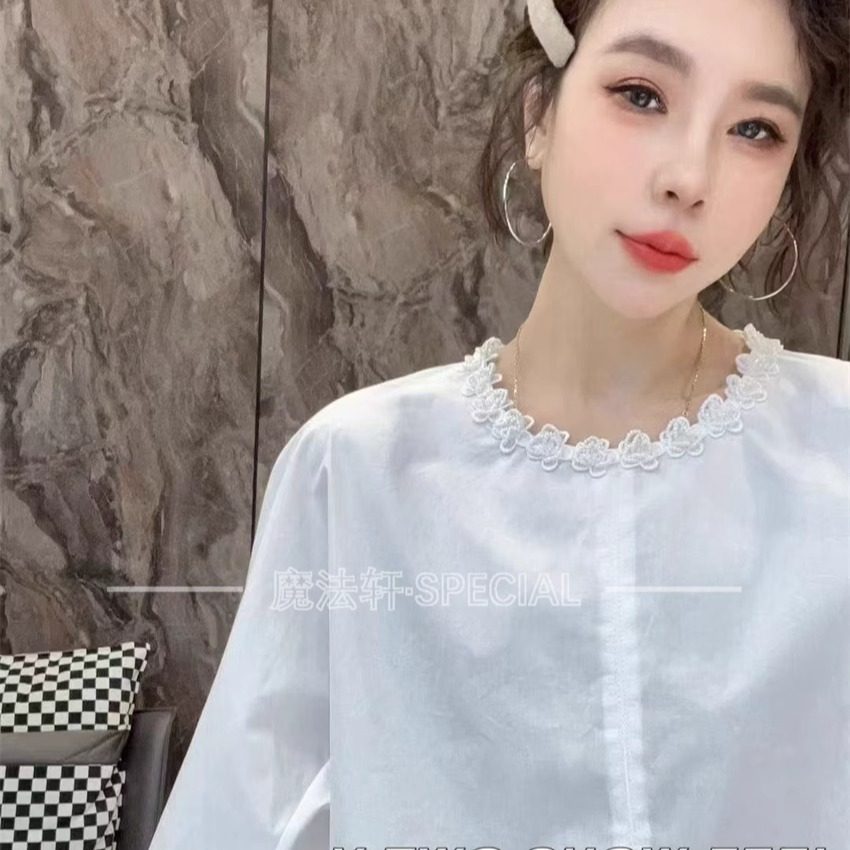 宽松长袖衬衫女2025新款花朵钉珠圆领灯笼袖纯色衬衣欧洲站冬季q,淘宝优惠券,粉丝福利购,淘宝优惠卷