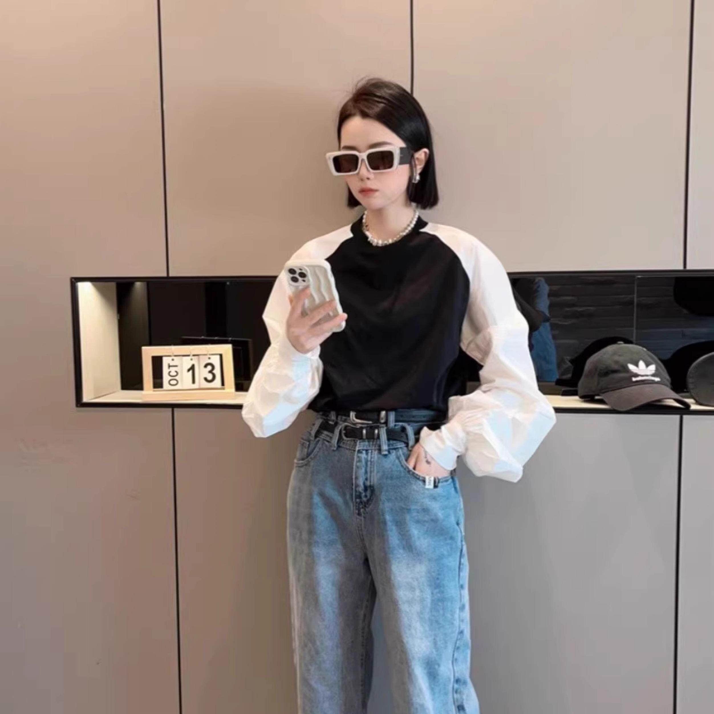 【现货】衬衫圆领上衣女春夏新款拼接长袖超洋气欧货小衫热销爆款