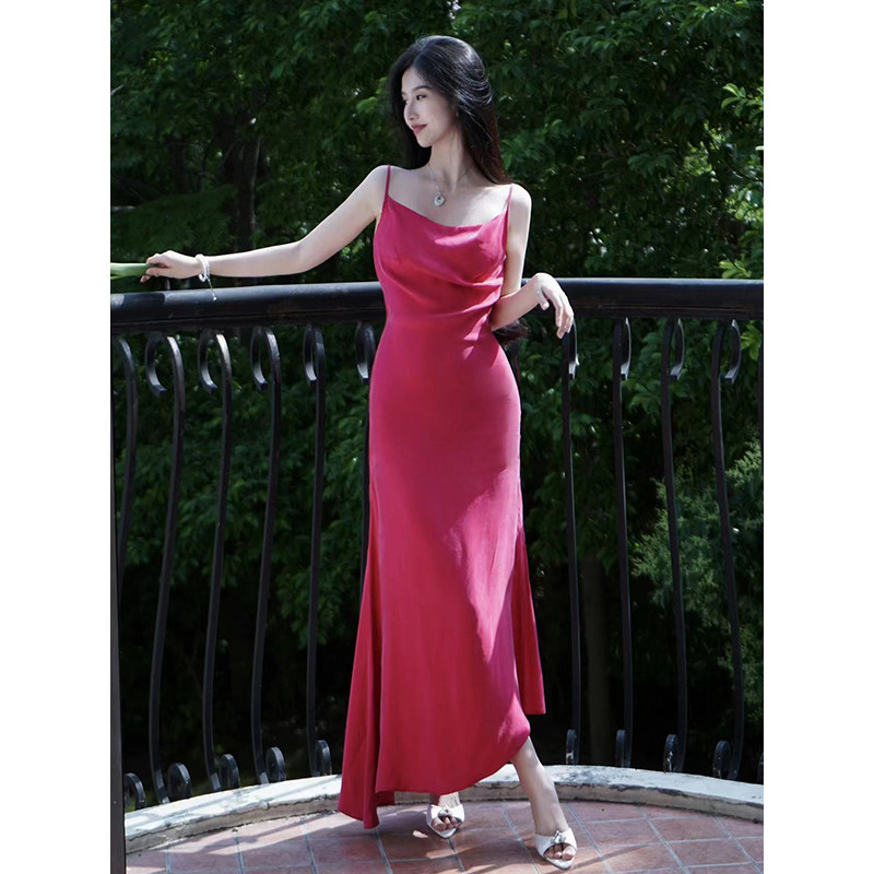 澄渔高定 【粉黛美人鱼】绝美S级铜氨丝荡领礼服级显瘦吊带连衣裙
