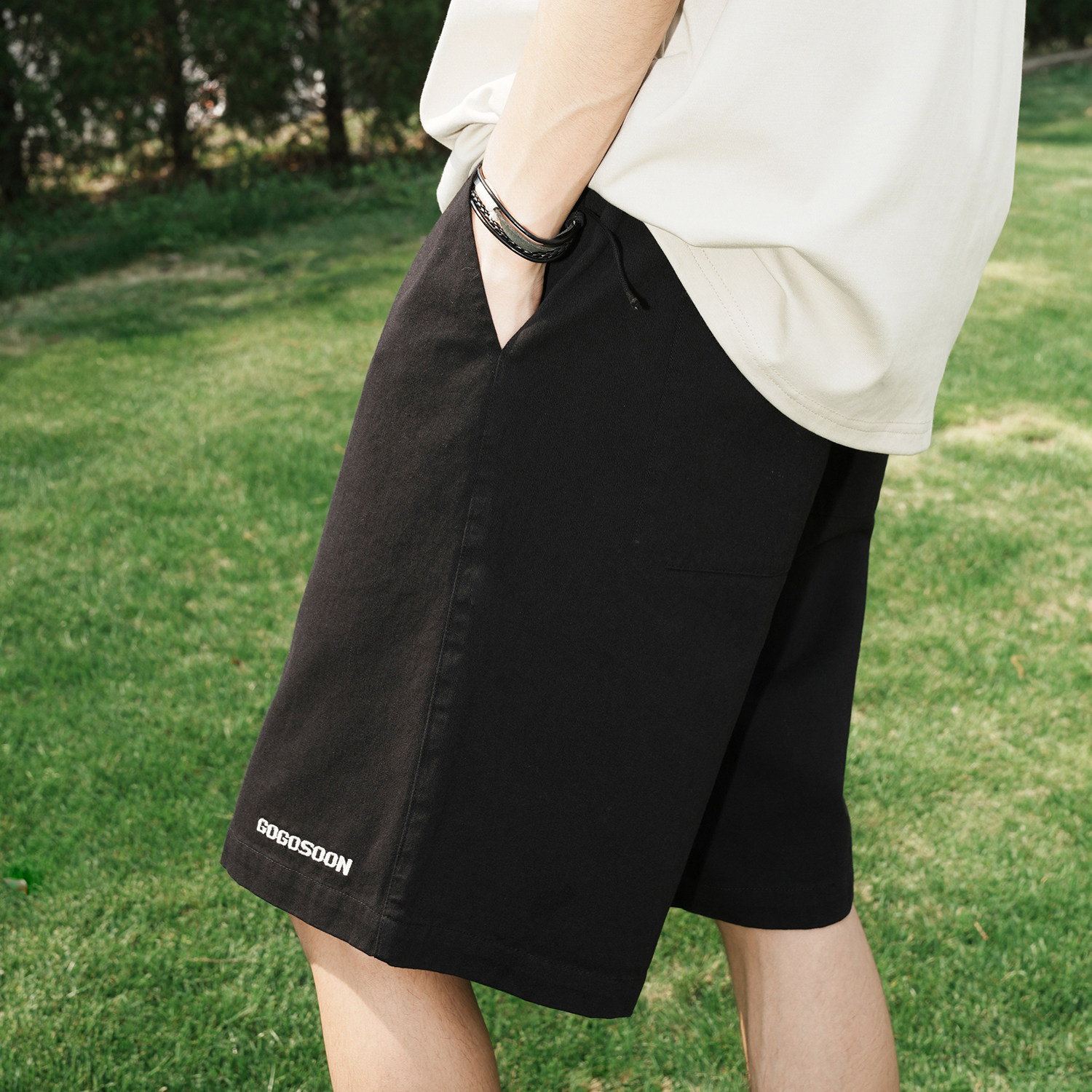 GOGOSOON夏季新款休闲短裤285g男logo刺绣半松紧腰宽松直筒五分Q,淘宝优惠券,粉丝福利购,淘宝优惠卷