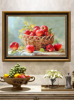 水果篮苹果静物挂画手绘油画玄关餐厅装饰画欧式美式法式中古风