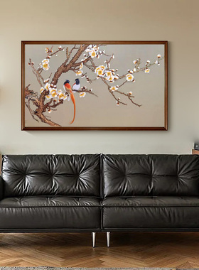 u作【梅花双雀图】手绘油画客厅沙发背景墙装饰画中式中古风挂画