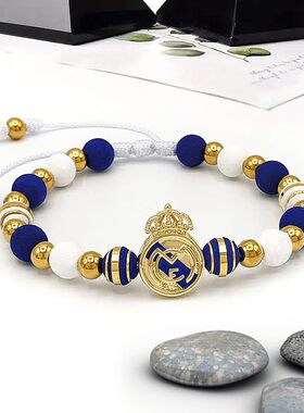 球队应援手链皇马巴萨纪念勋章硅胶珠金珠编织手链足球运动手链