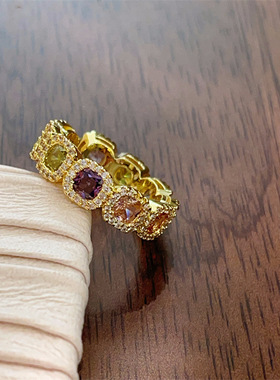 跨境爆闪多巴胺彩色小方糖锆石开口戒新款轻奢小众精致食指戒指