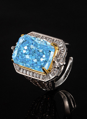 跨境新款冰花切戒指高碳钻大方形戒电镀分金开口戒时尚轻奢大气