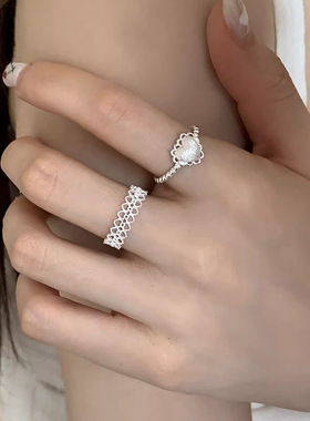 s925纯银拉丝爱心戒指女 轻奢小众风ins甜美精致蕾丝花边开口指环