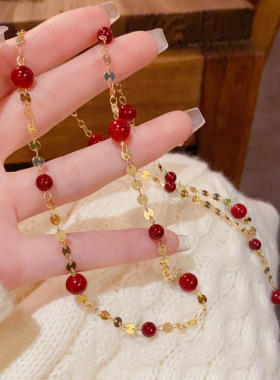 跨境温柔百搭红色满天星珍珠项链气质轻奢时尚简约高级感锁骨链女