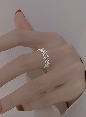 s925纯银镂空花朵戒指女小众轻奢仙气ins法式甜美蕾丝花边食指环