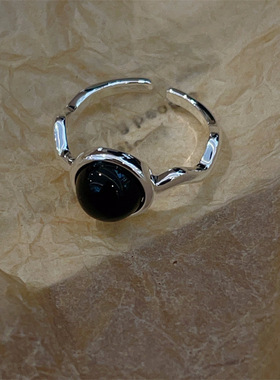 跨境爆款镶黑宝石开口戒指女时尚个性小众设计百搭叠戴食指尾戒