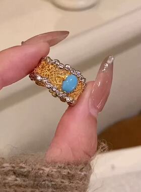 【拜占庭蓝梦】爆款蕾丝花纹蓝松石戒指高级感独特小众设计感指