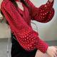 Red polka dot printed shirt for women in autumn, sweet puff sleeve top, halter neck slimming design, strappy V-neck shirt