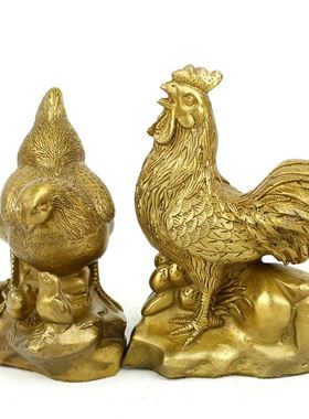 纯黄铜鸡公鸡母鸡一对摆件
