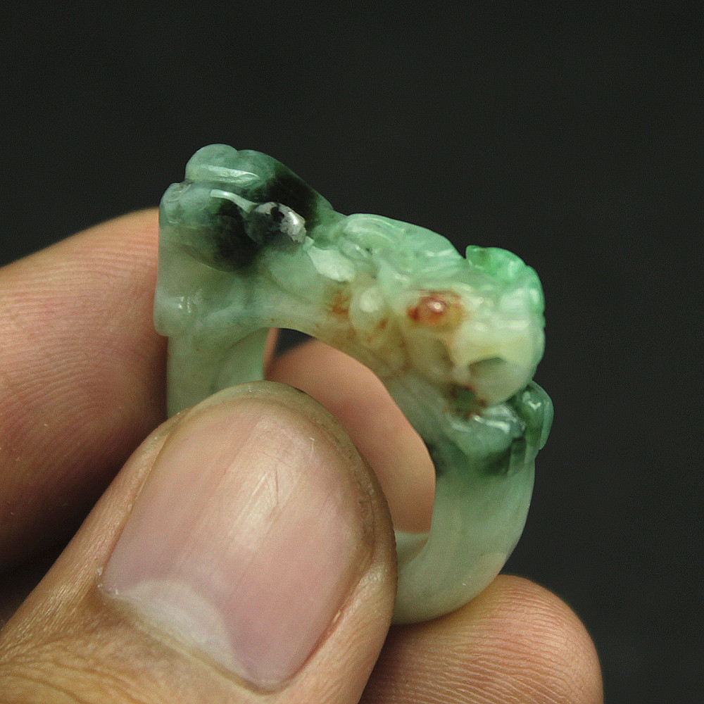Burmese natural waxy green Pixiu ring and jade