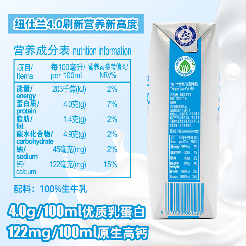 新西兰原装进口纽仕兰4.0全脂低脂高钙成人纯牛奶250ml*24盒整箱 - 图2