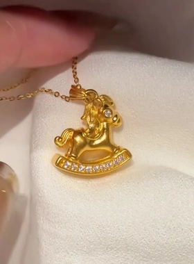 马上有钱旋转木马本命年礼物铜镀金色小木马项链小马吊坠饰品