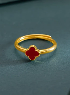 四叶草贝壳戒指四叶草细款尾戒指环可调节开口送女友情人节礼物