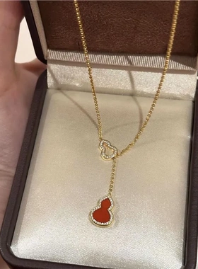 爆款好运福禄葫芦项链新款时尚红玛瑙流苏满钻葫芦吊坠